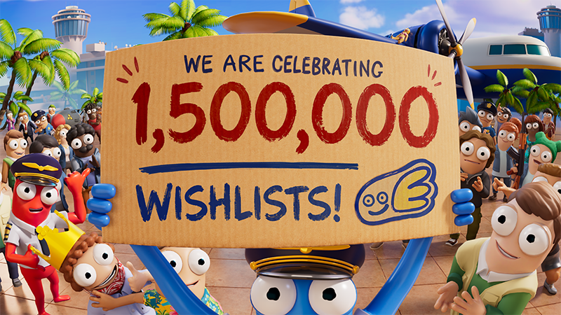 Dear Passengers crew celebrating 1,500,000 Steam wishlists outside an airport