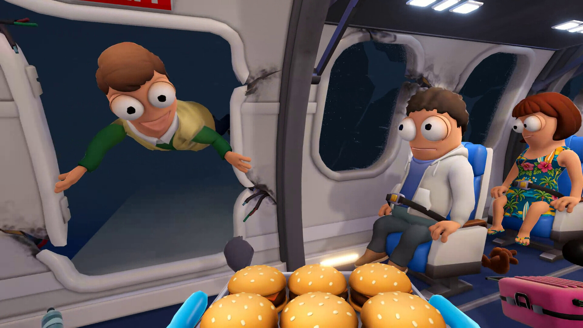 Dear Passengers cabin crew serving food beside a damaged aircraft wall