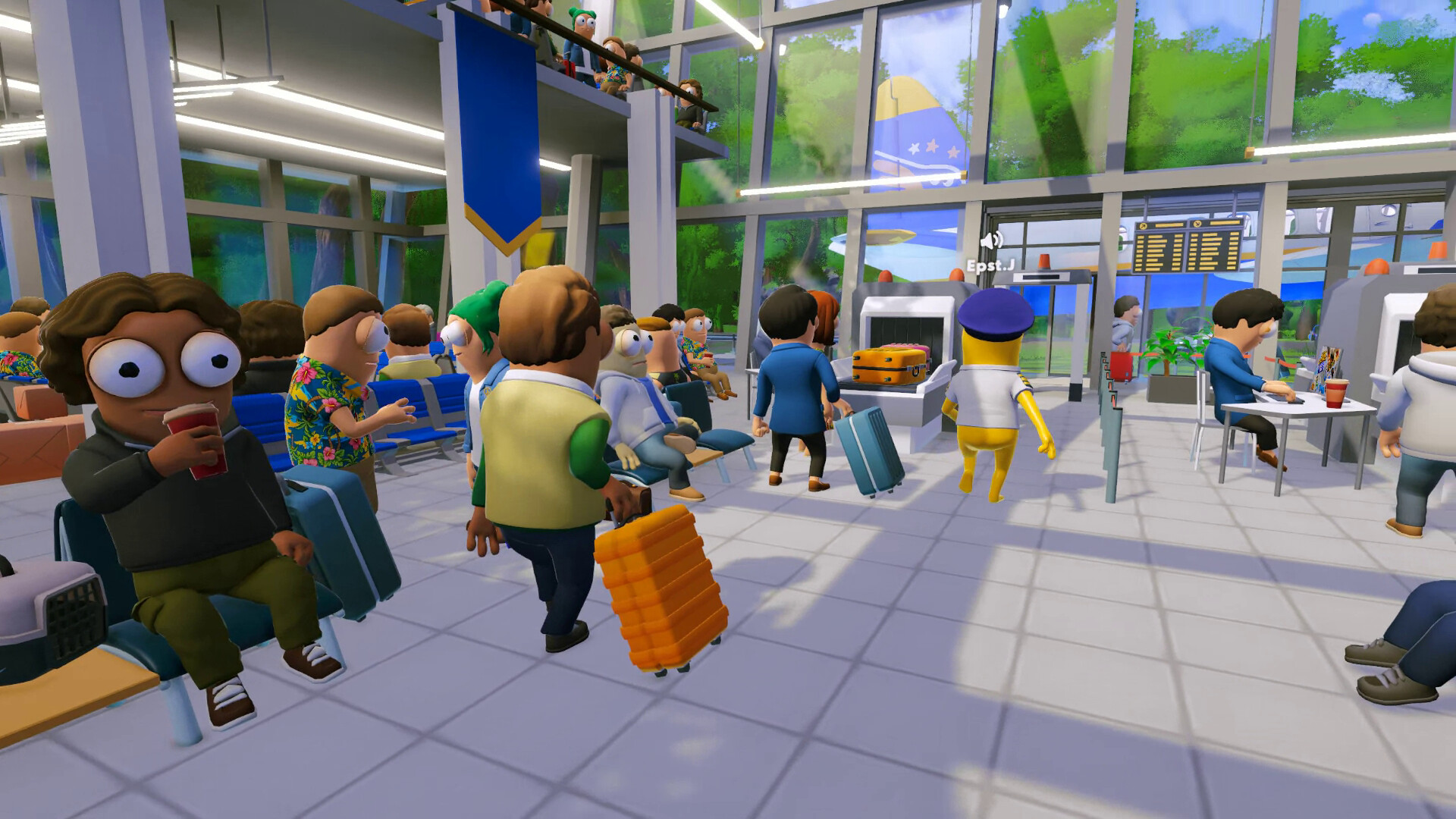 Passengers waiting inside the Dear Passengers airport terminal